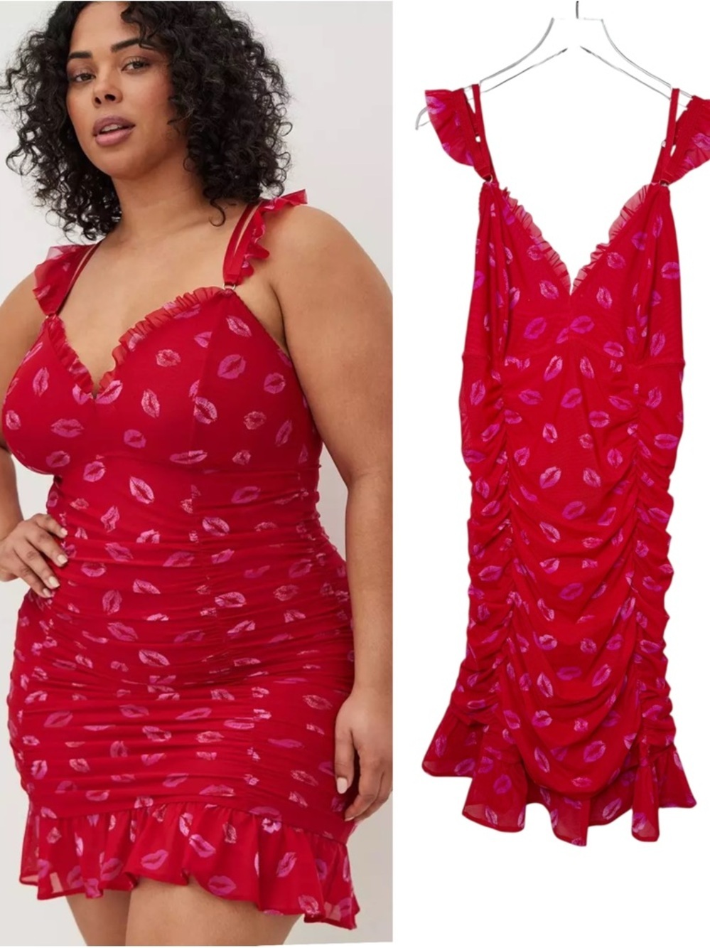 Torrid Curve Red Ruched Mesh Lips Women’s Plus Size Chemise Slip Dress Sz 4X